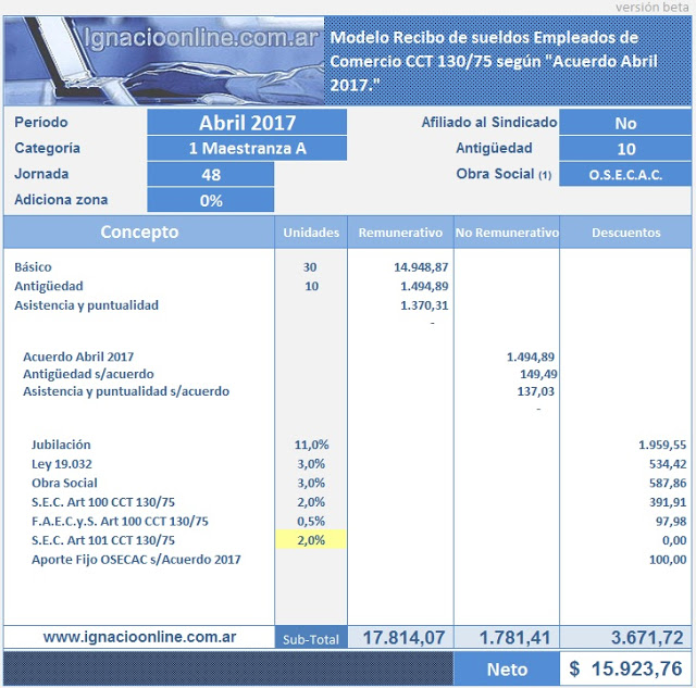 Calculadora Empleados de Comercio Ignacio online